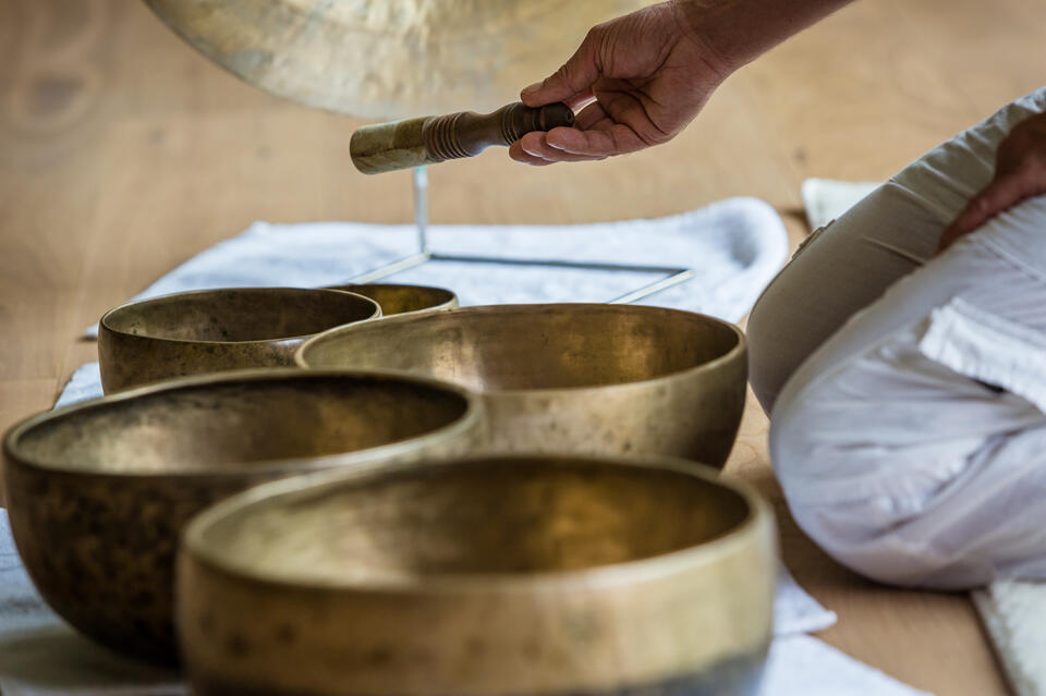 various singing bowls at the Tuxerhof